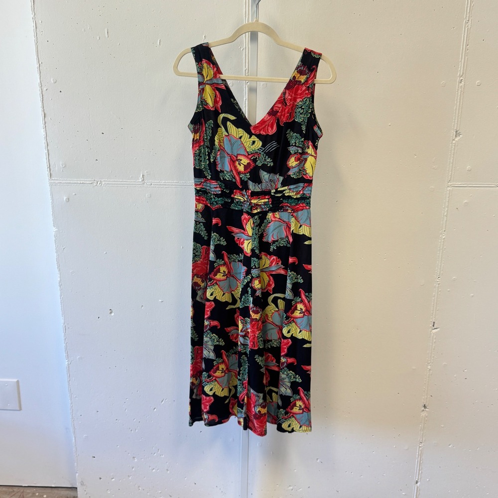 Vintage Kamellia by P.R. Tropical Floral V-Neck Smocked‎ Waist Midi Dress Small